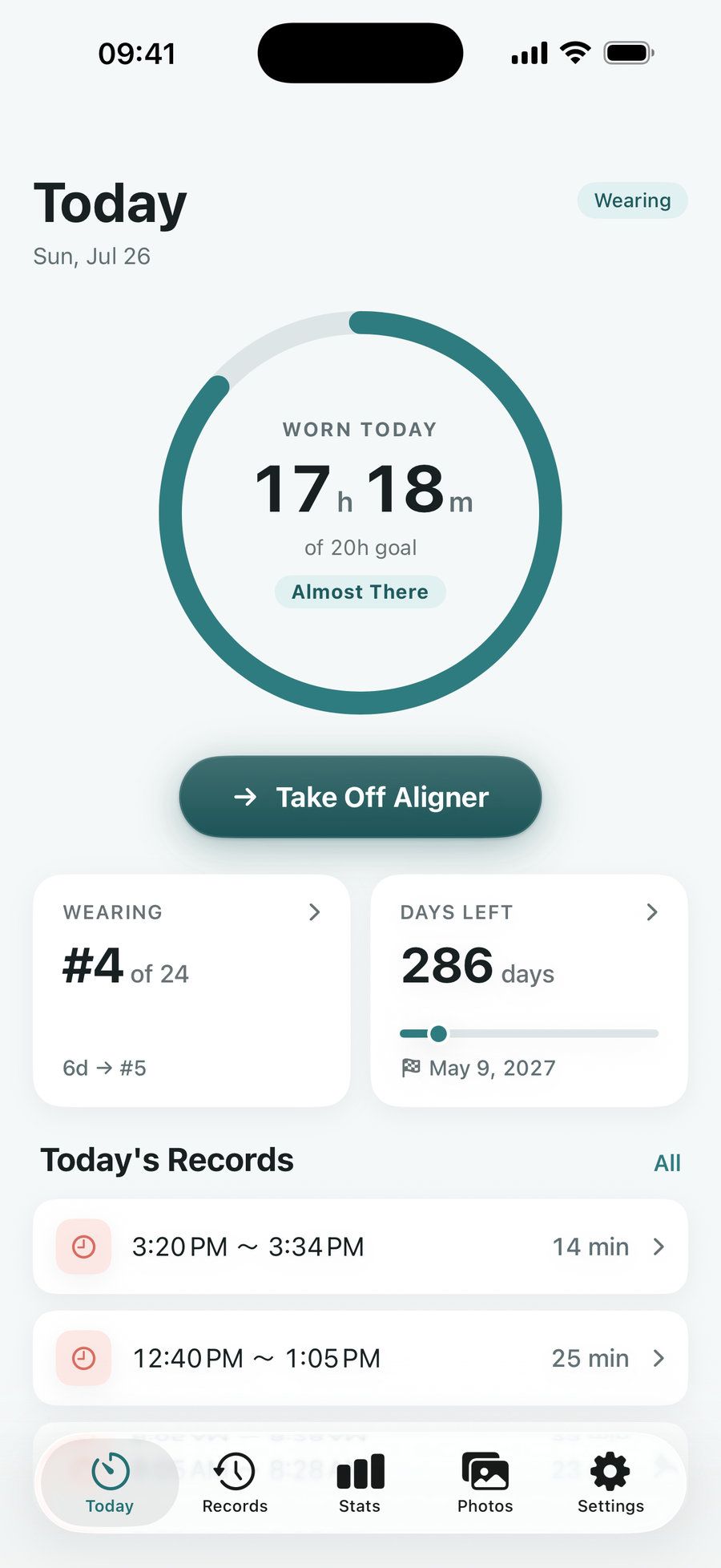 AlignDay Today screen: wear-time progress ring showing 17 hours worn today toward a 20-hour goal